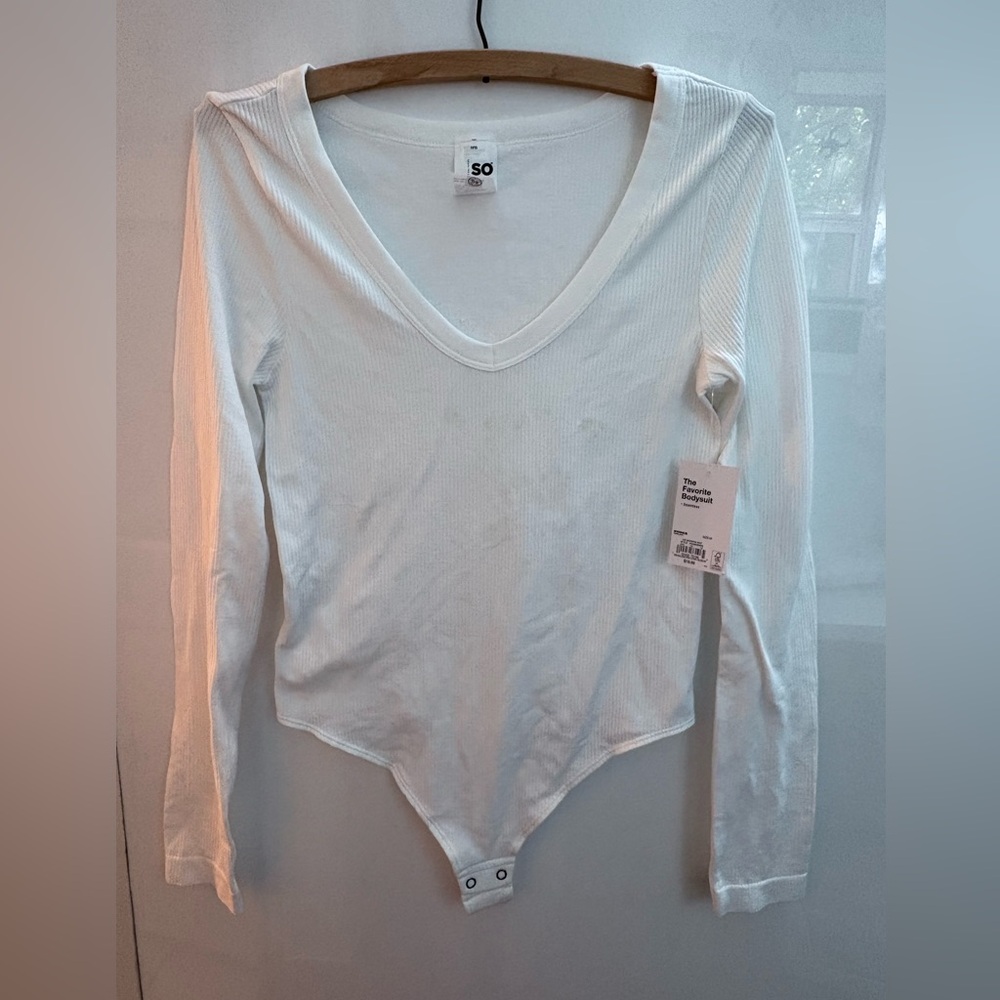 SO White Asymmetrical Long Sleeve Bodysuit #P183